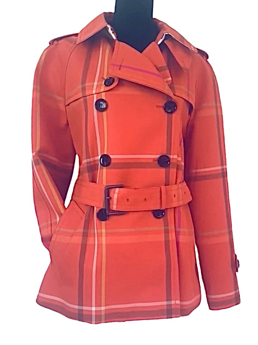 COACH ~ Red Plaid Tattersall Trench Coat w/Silver Striped Lining and Pockets
